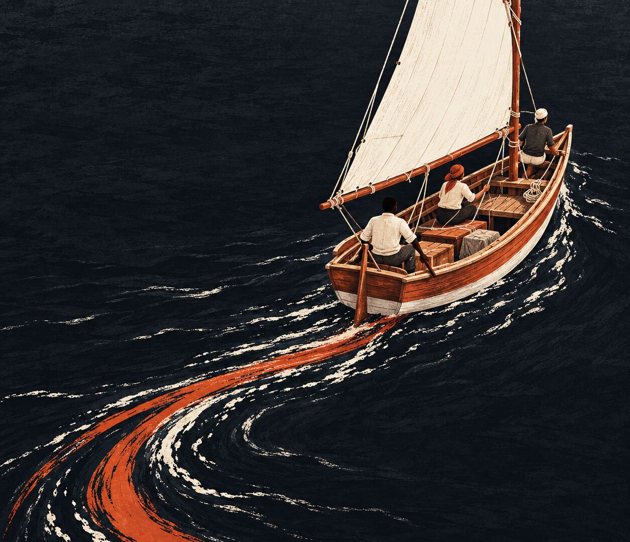 Illustration: a wooden sailboat with an ivory sail and three crew on a dark sea, holding a steady course, with an orange wake curving behind it.