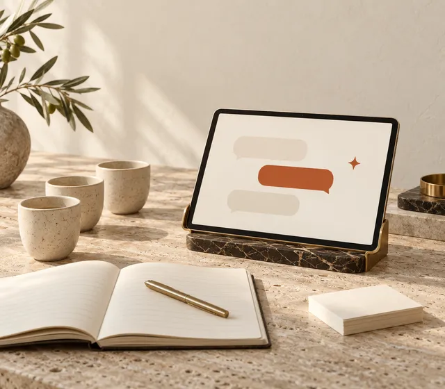 Illustration: a tablet on a brass stand showing abstract chat bubbles and an orange spark, beside an open notebook, a brass pen, a stack of cards and three small cups for a group session.
