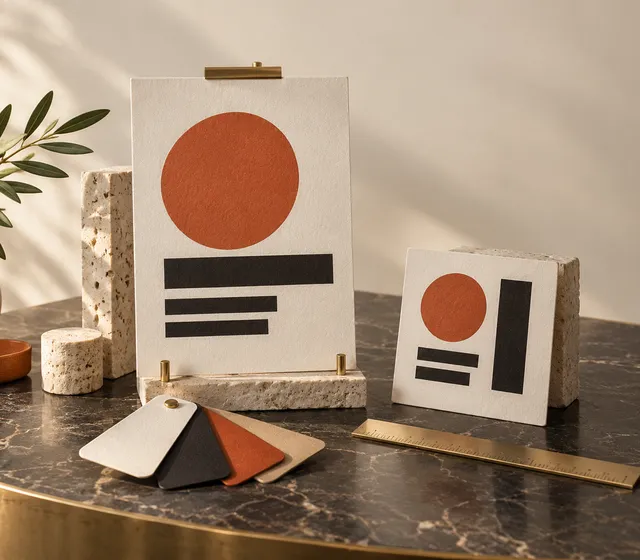 Printed pieces on a dark marble ledge: an ivory flyer and a square social card with an orange circle and black bars, color swatches and a brass ruler.