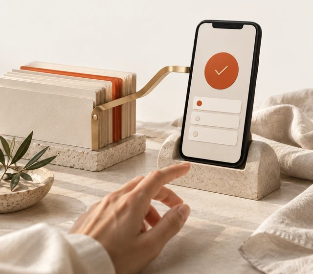 An unbranded mobile confirmation connected to a stack of shared records.