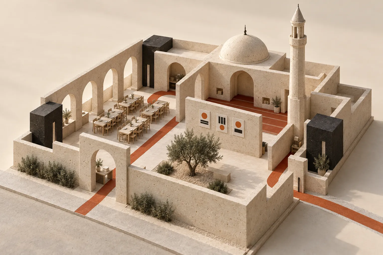 An architectural model of a mosque and community center in pale stone: arches, a small dome and minaret, a courtyard olive tree, tables set for a community dinner and a noticeboard of abstract posters, joined by one orange path.