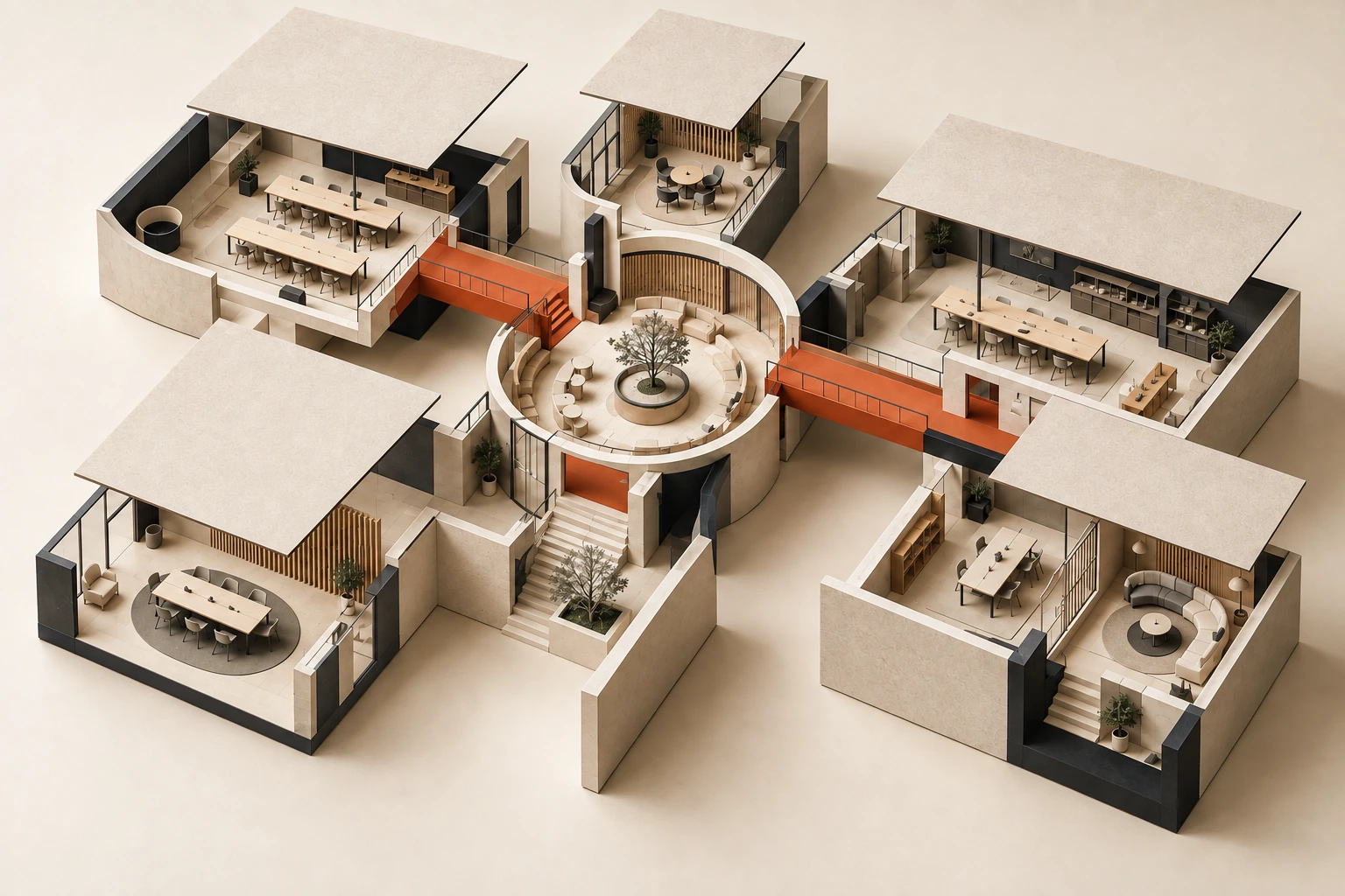 An architectural model of distinct rooms linked by an orange bridge.