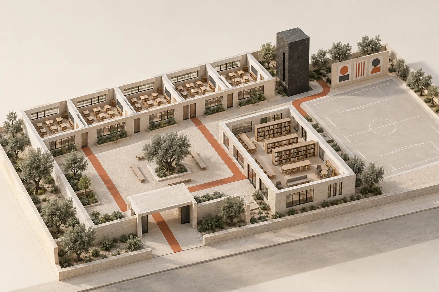 An architectural model of a school in pale stone: a row of classrooms with small desks, a library with bookshelves, a courtyard olive tree with benches, a sports court and a wall of abstract posters, joined by one orange path.