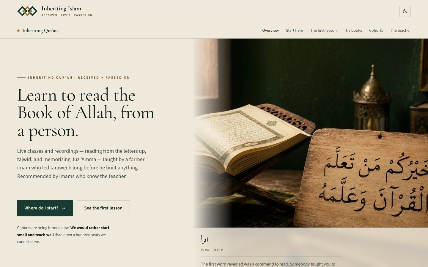 The Inheriting Islam Qur’an classes page on a desktop screen, with the headline “Learn to read the Book of Allah, from a person.”