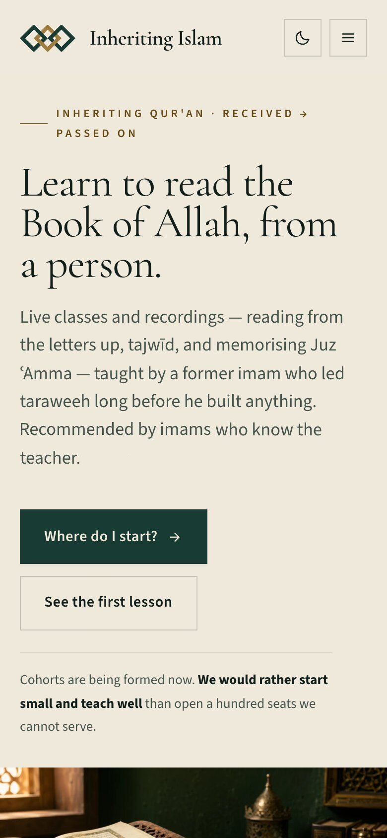 The Inheriting Islam Qur’an classes page on a phone screen.