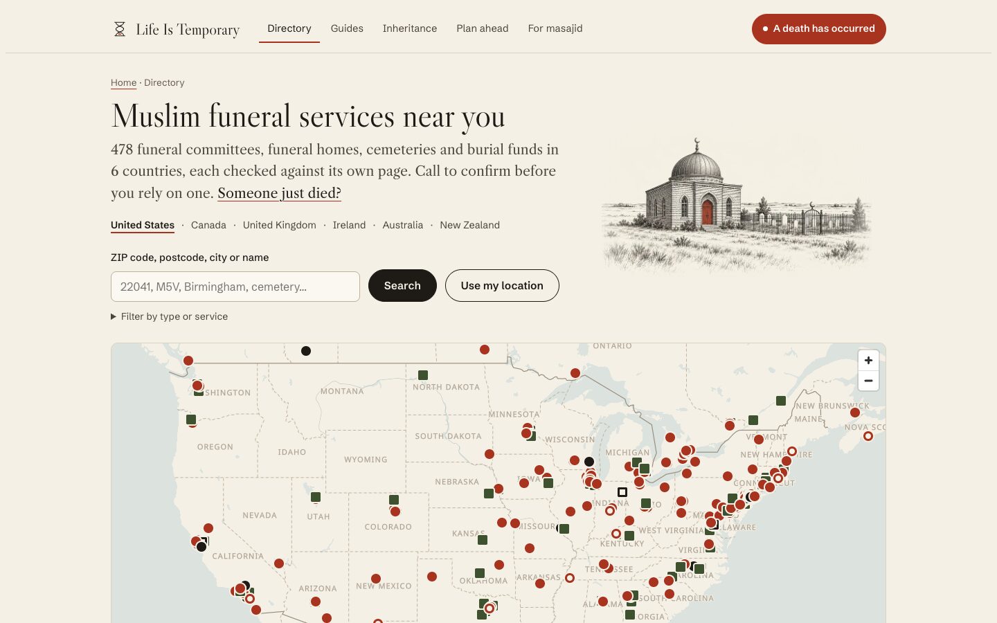 The directory page: “Muslim funeral services near you”, with a search by ZIP code, postcode, city or name, and a map of listings across the United States.