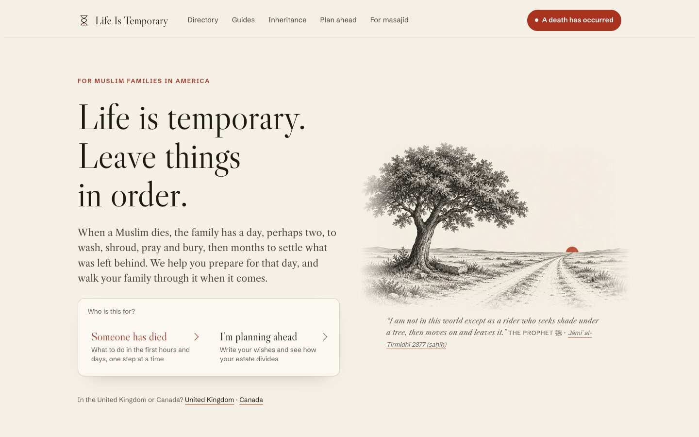 The Life Is Temporary home page on a desktop screen, with the headline “Life is temporary. Leave things in order.”