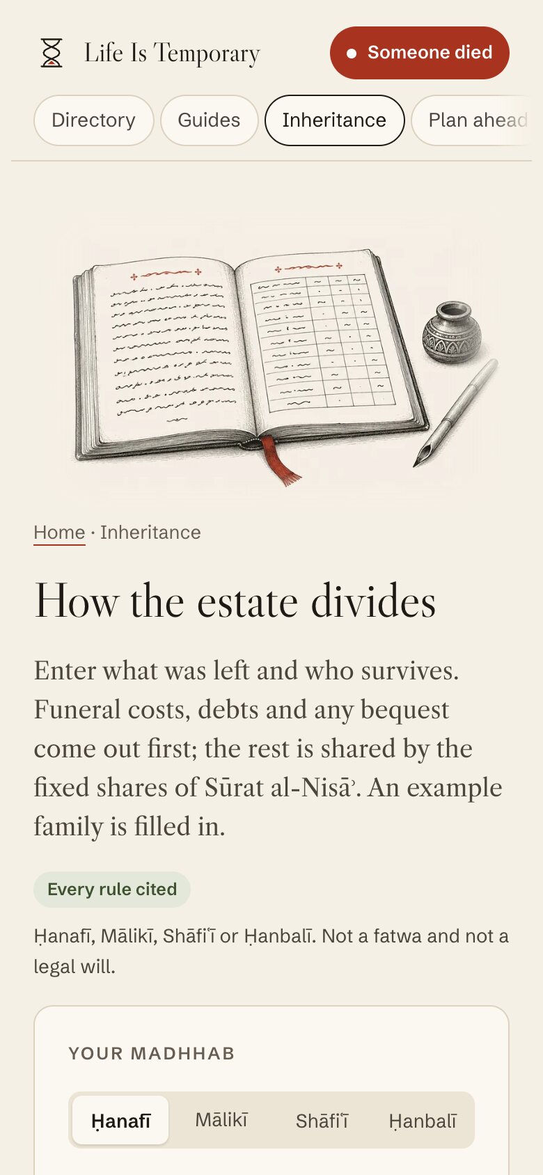 The Life Is Temporary inheritance calculator on a phone screen.
